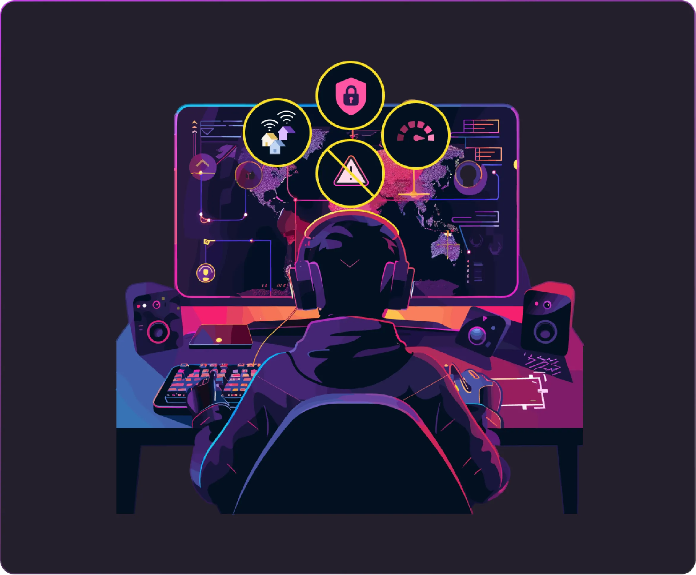 A gamer wearing headphones sits at a neon-lit setup, playing Valorant on a large monitor displaying a world map and data overlays. Above the screen are floating icons for secure connection, Wi-Fi, warning alerts, and lag, symbolizing VPN protection against slow speeds, disconnections, and security risks while gaming.